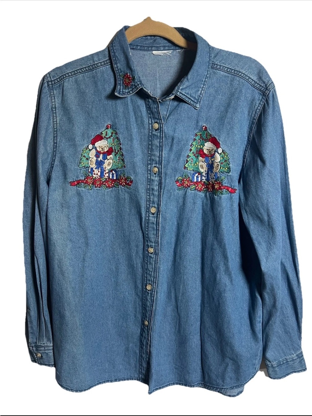 Embroidered Denim Button-Up Shirt with Festive teddy bear motifs